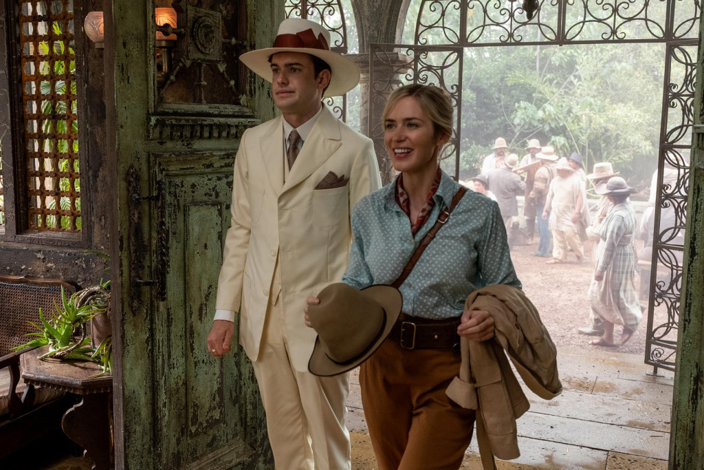 Jack Whitehall is Macgregor and Emily Blunt is Lily in Disney’s JUNGLE CRUISE. Photo by Frank Masi. © 2021 Disney Enterprises, Inc. All Rights Reserved.