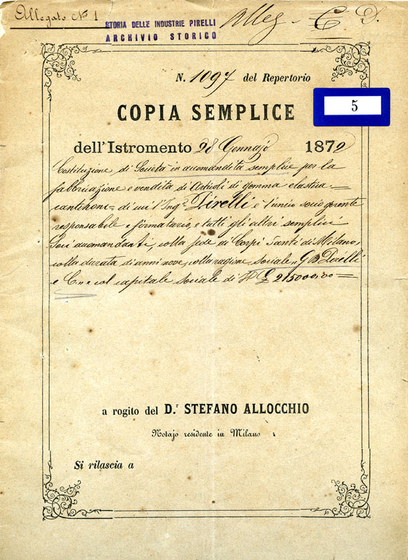 Costituzione Società Pirelli 1872