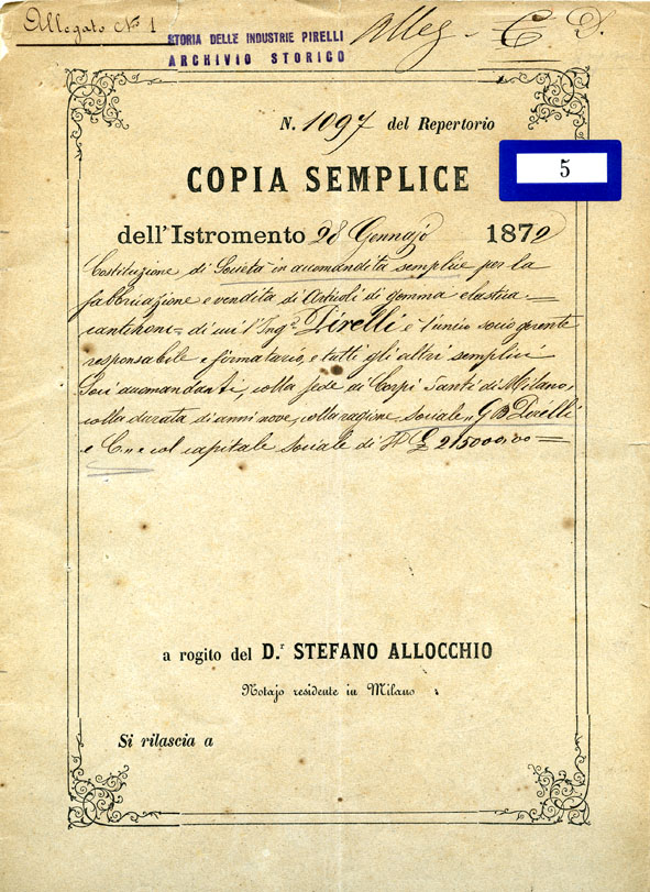 Costituzione Società Pirelli 1872