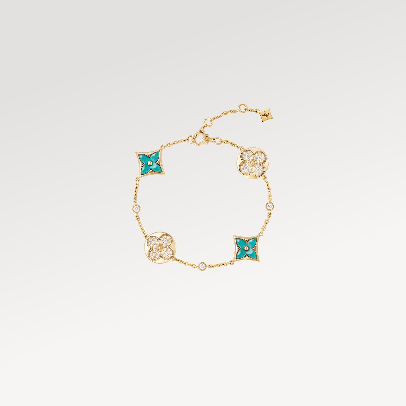 LOUIS VUITTON JEWELRY - COLOR BLOSSOM AMAZONITE 4 MOTIFS BRACELET IN YELLOW GOLD AND DIAMONDS