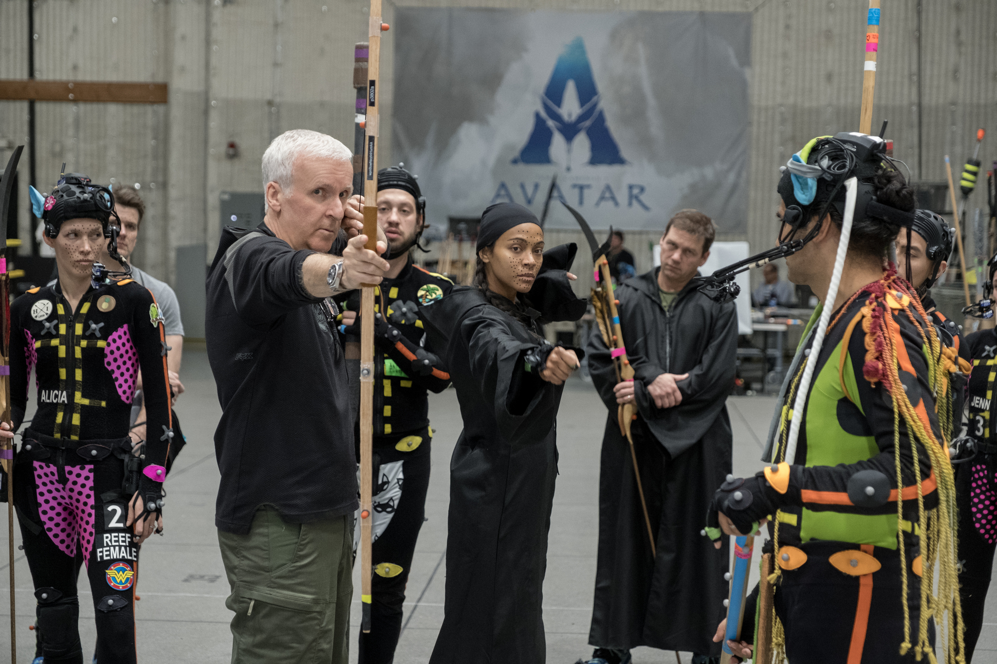 (L-R) Director James Cameron and Zoe Saldana on the set of 20th Century Studios' AVATAR: FIRE AND ASH. Photo by Mark Fellman. © 2024 20th Century Studios. All Rights Reserved.
