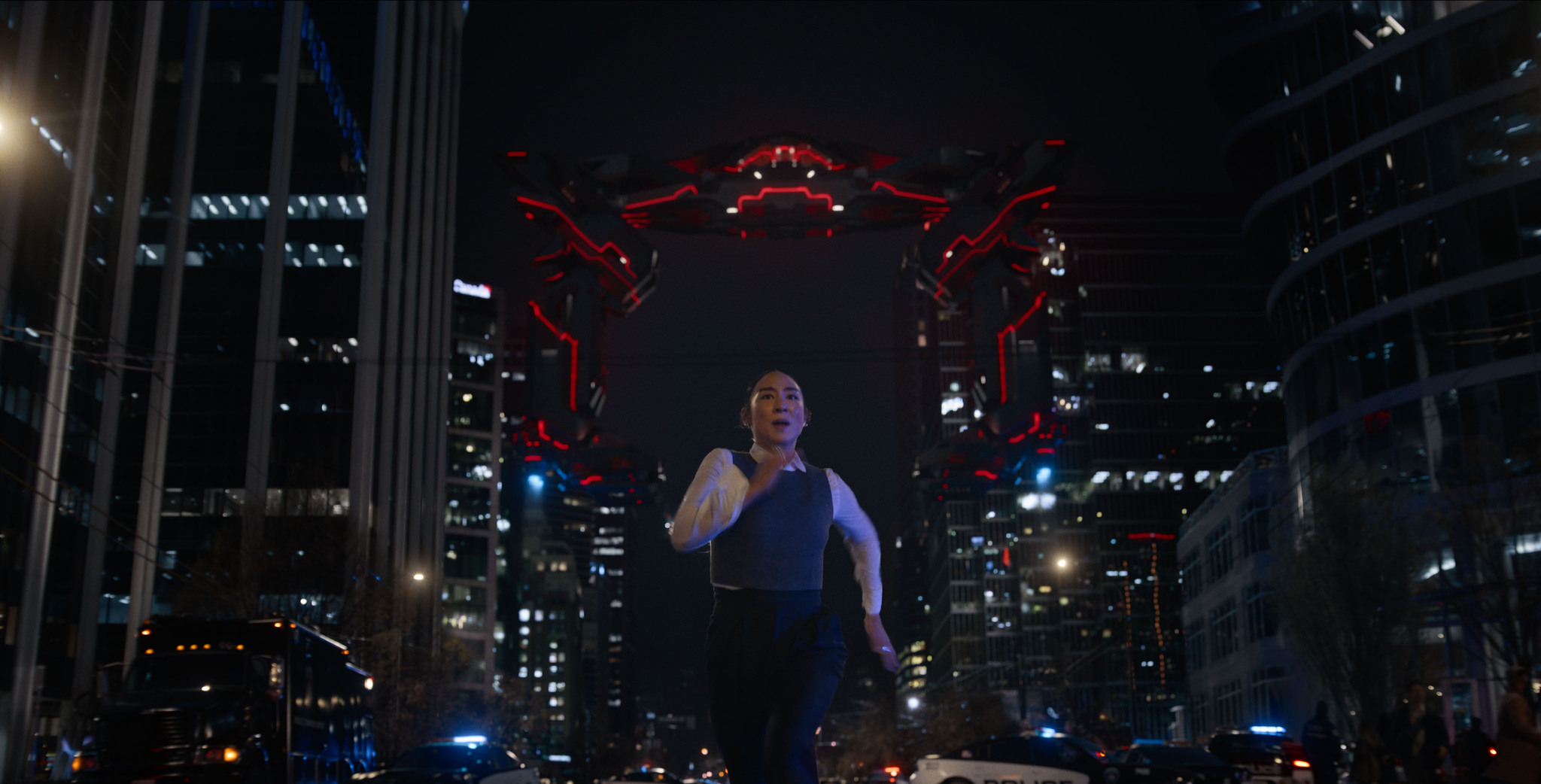 Greta Lee as Kim in Disney's Live Action TRON: ARES.  Photo Courtesey of DIsney. © 2025 Disney Enterprises, Inc. All Rights Reserved.