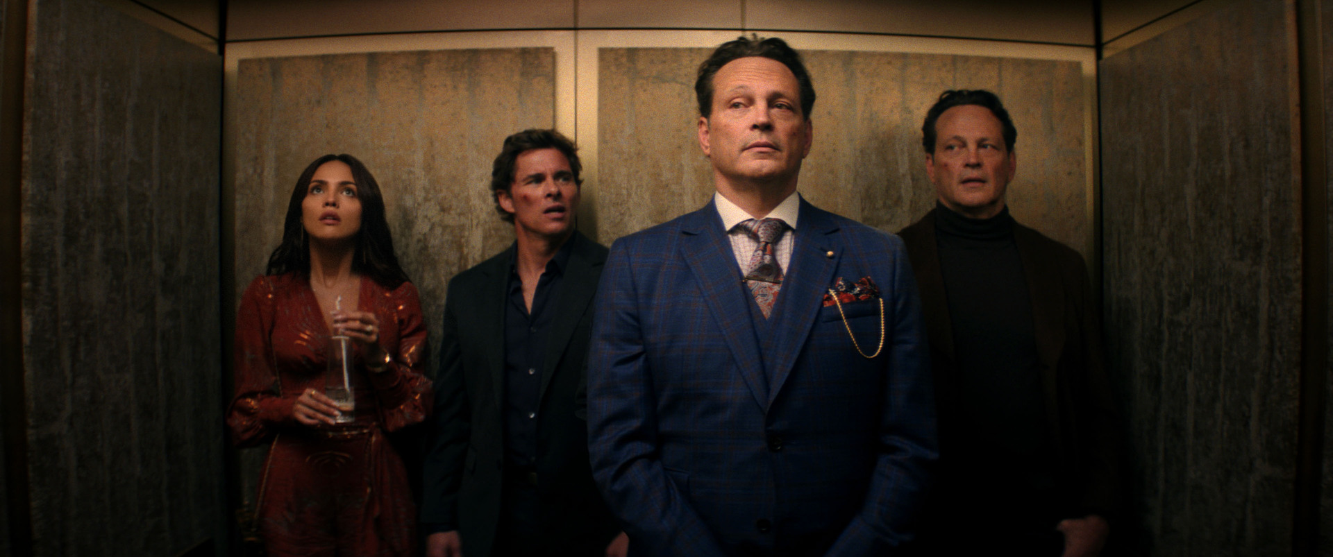 (L-R) Eiza González as Alice, James Marsden as Mike, Vince Vaughn as Past Nick and Vince Vaughn as Future Nick in 20th Century Studios' MIKE & NICK & NICK & ALICE. Photo courtesy of 20th Century Studios. © 2026 20th Century Studios. All Rights Reserved.