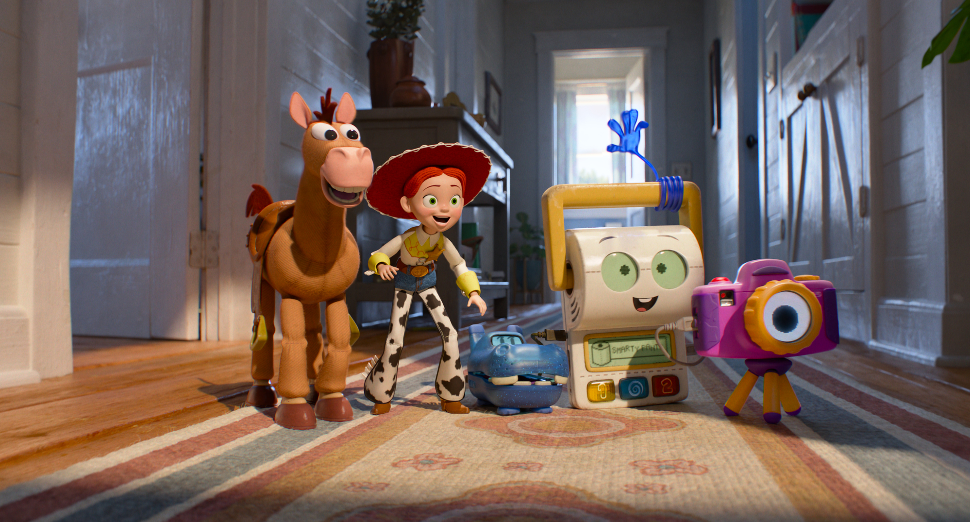 (L-R): Bullseye, Jessie, Atlas, Smarty Pants, and Snappy in Disney and Pixar's TOY STORY 5. Photo courtesy of Pixar. © 2026 Disney/Pixar. All Rights Reserved.