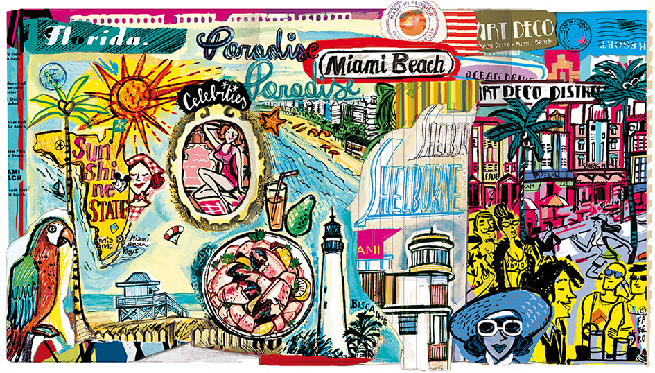 Miami Paradise, illustrazione tratta da taccuini di viaggio, tecnica china, pennello e collage digitale. Mostra e catalogo -Metamorfosi del viaggiatore- galleria Creval, Milano