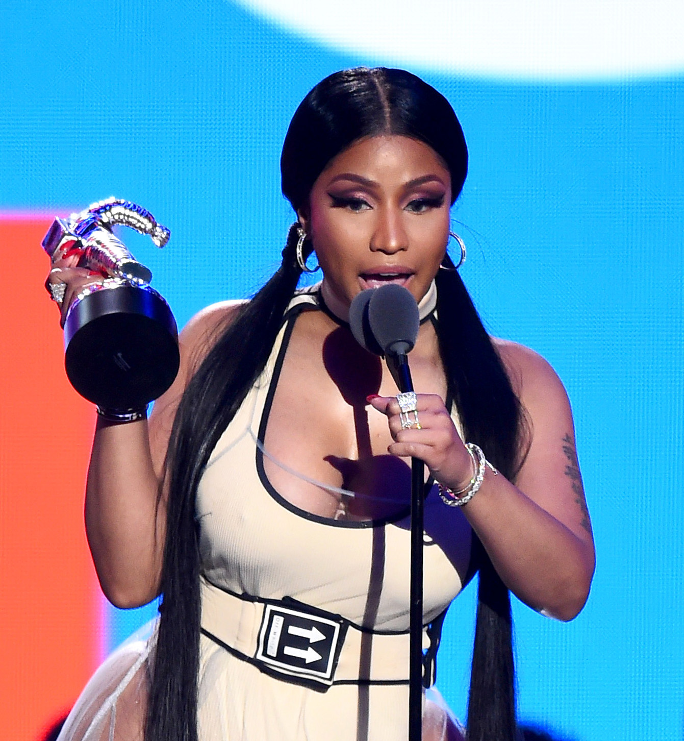 NEW YORK, NY - AUGUST 20: Nicki Minaj accepts the award for 'Best Hip Hop Video' onstage during the 2018 MTV Video Music Awards at Radio City Music Hall on August 20, 2018 in New York City. (Photo by Theo Wargo/Getty Images)